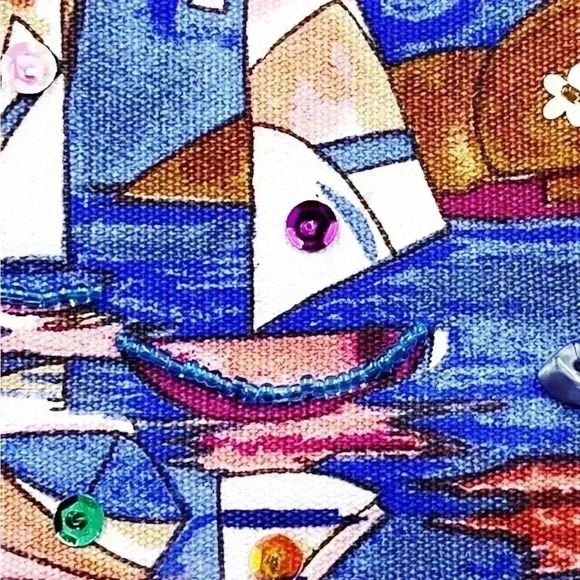 Sun & Sand Sailboats Straw Purse Embellished Sequins Paul Brent Wearable Art - Picture 9 of 11